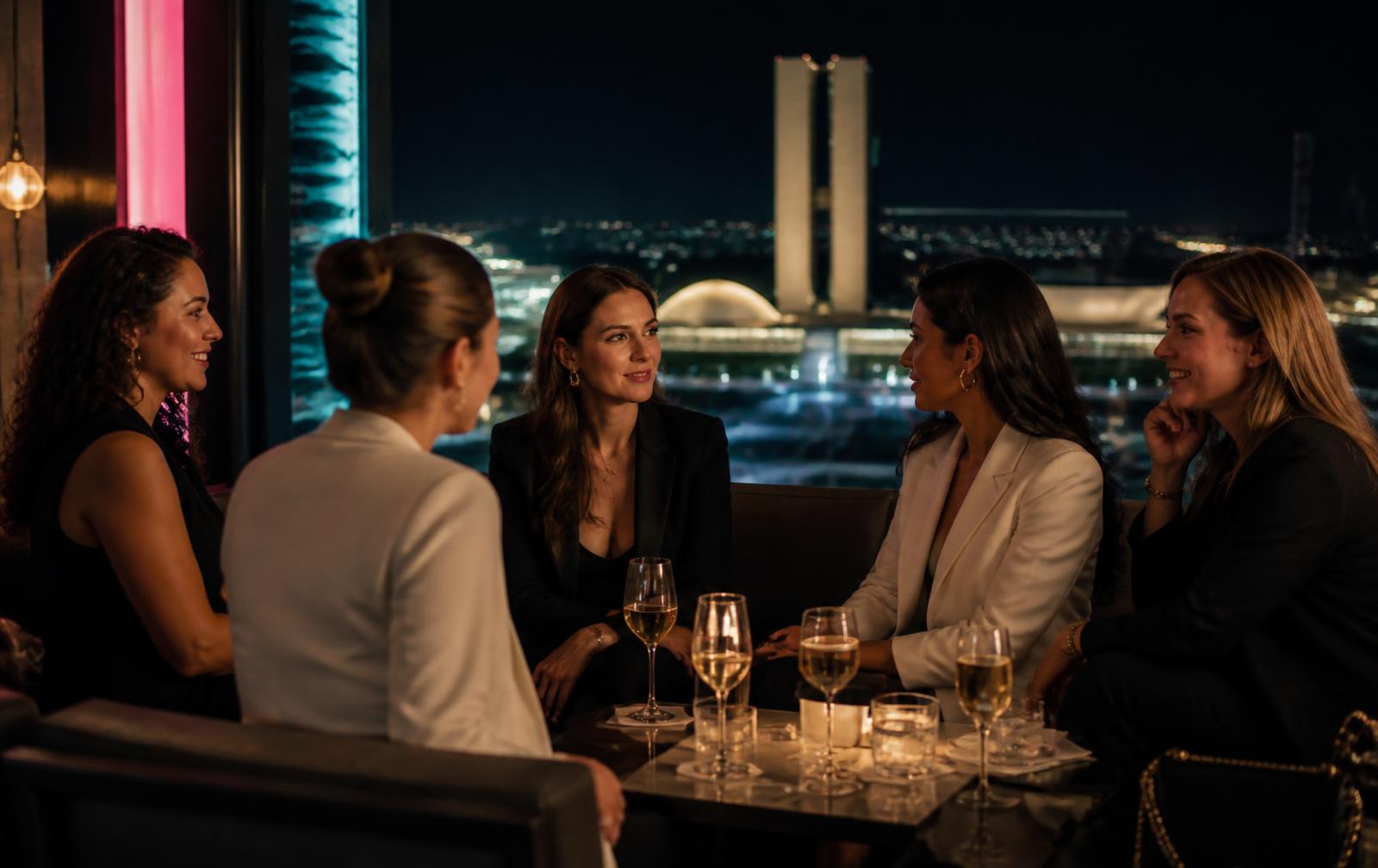 Mulheres em conversa durante encontro de negócios noturno em Brasília